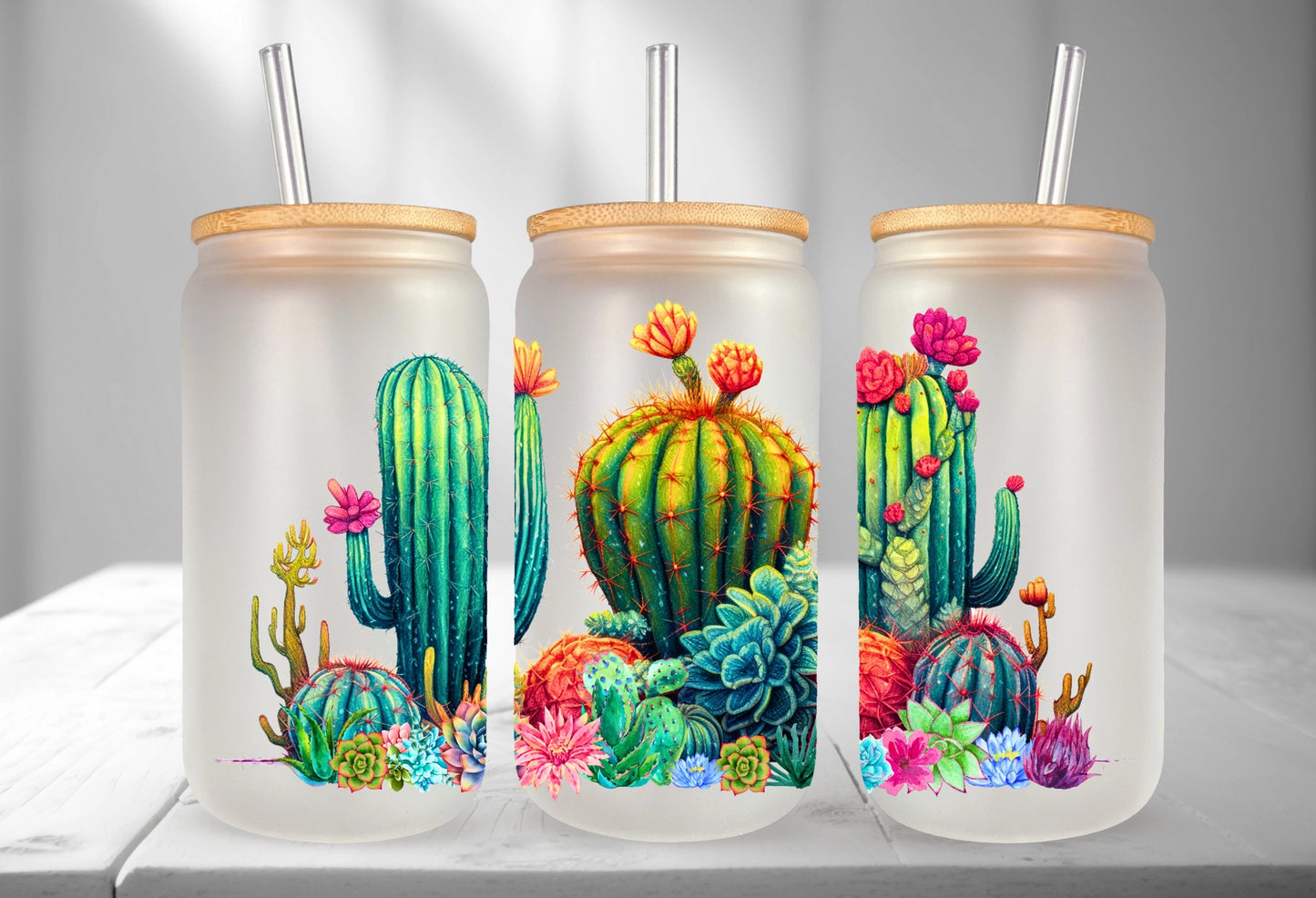 Cactus & Succulents Lover 16oz Glass Can Cup with Lid and Straw